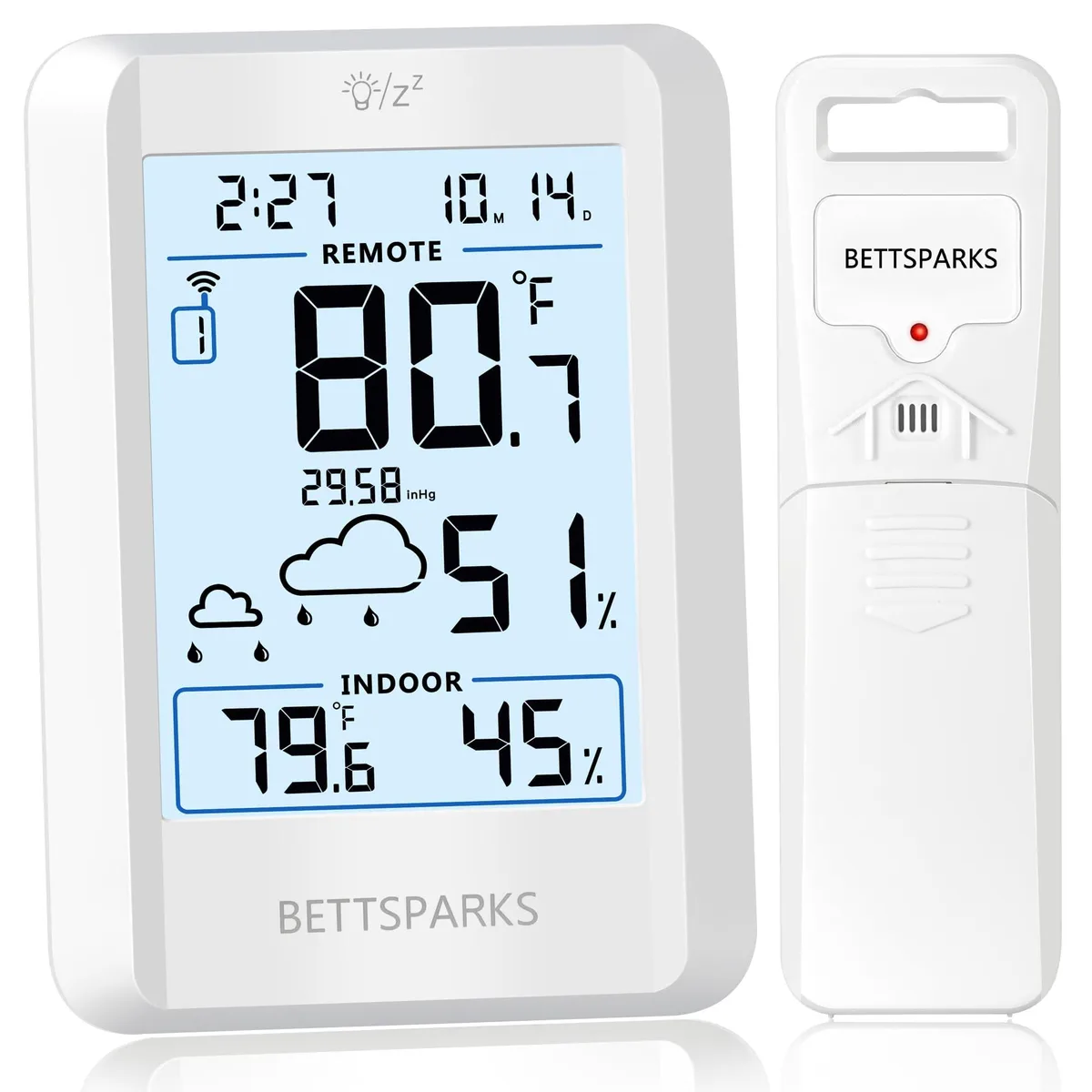 Black rectangular weather station display with two slim outdoor sensors
