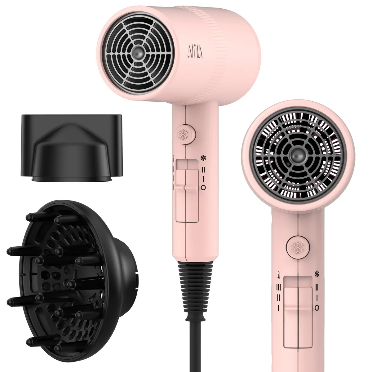 Pink hair dryer with diffuser and concentrator attachments
