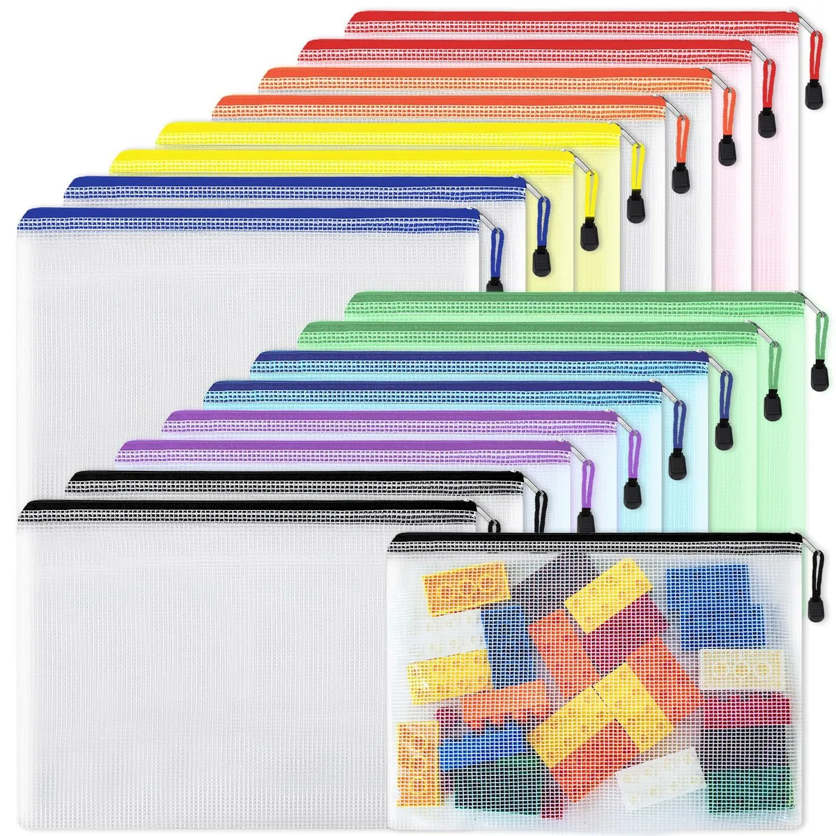 Sixteen translucent PVC mesh zipper pouches in eight colours, letter size