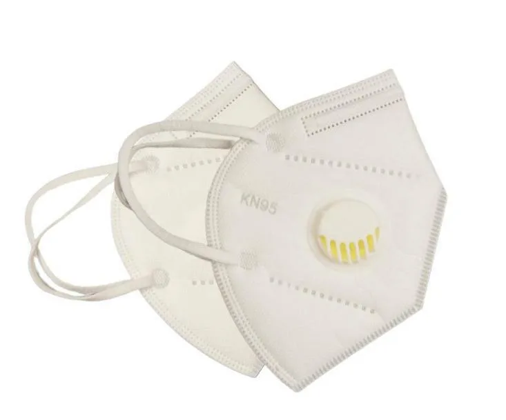 Box of 1000 white KN95 masks with breathing valves, folded flat
