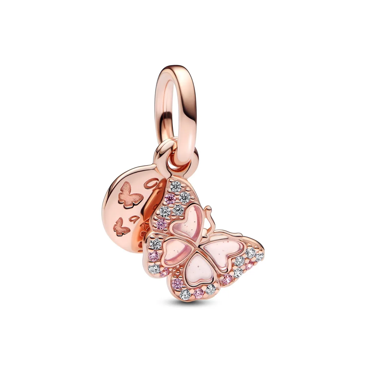 PANDORA PANDORA Pink Butterfly &amp; Quote Double Dangle Charm 14k rose gold enamel — product photo