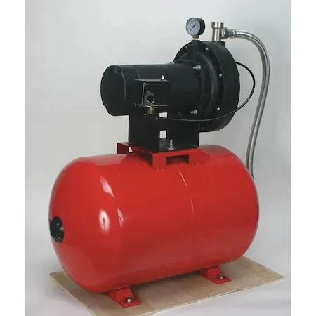 White thermoplastic convertible jet pump on tan pressure tank, 3/4 HP motor, compact rectangular shape
