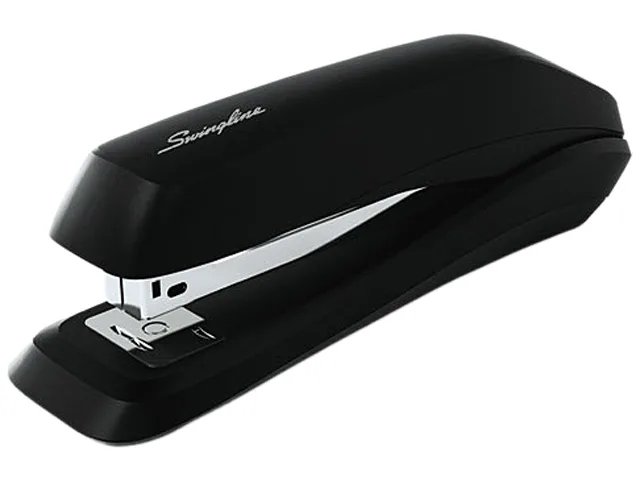 Black desktop stapler with full-strip metal mechanism, 15-sheet capacity