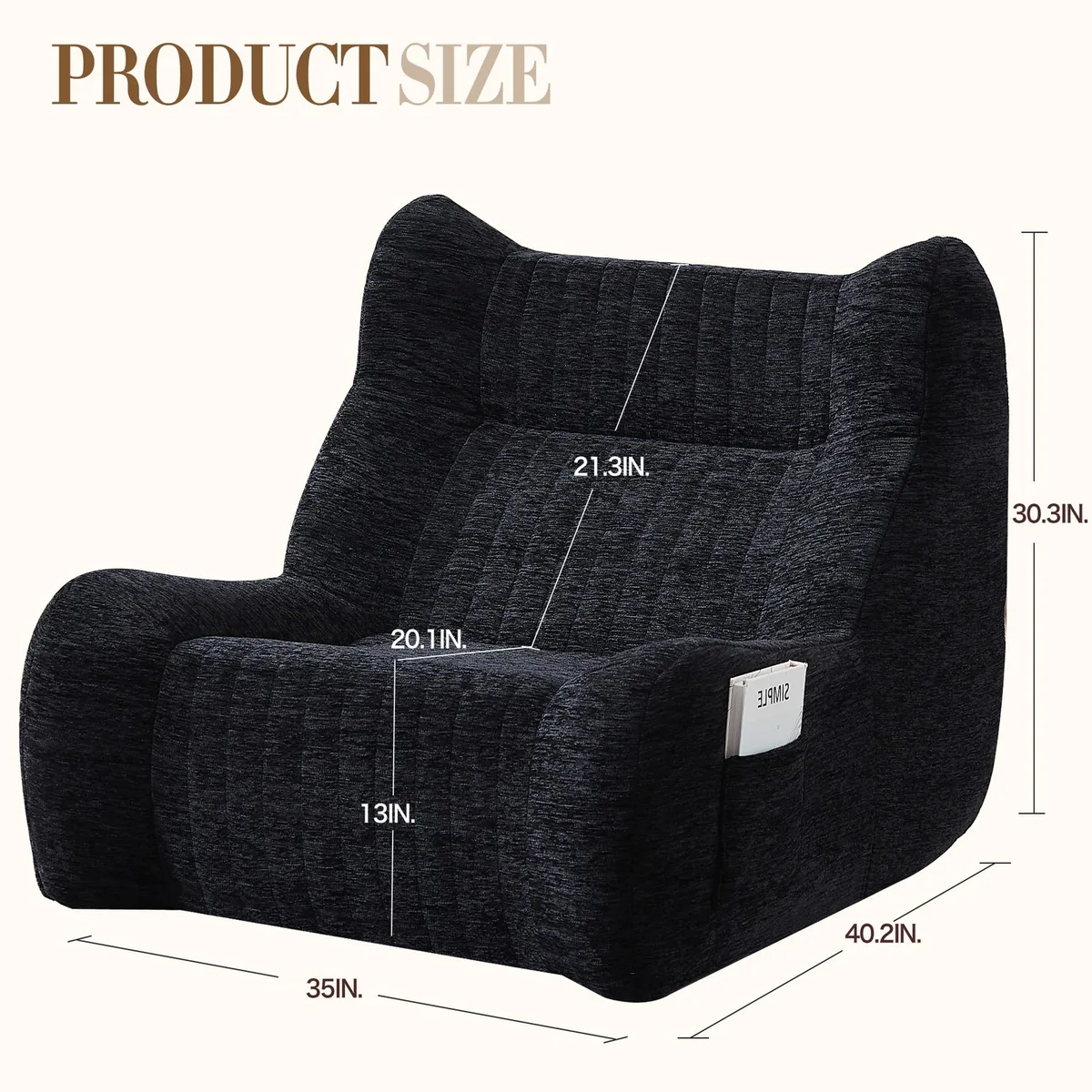Oversized black chenille bean bag sofa with armrests