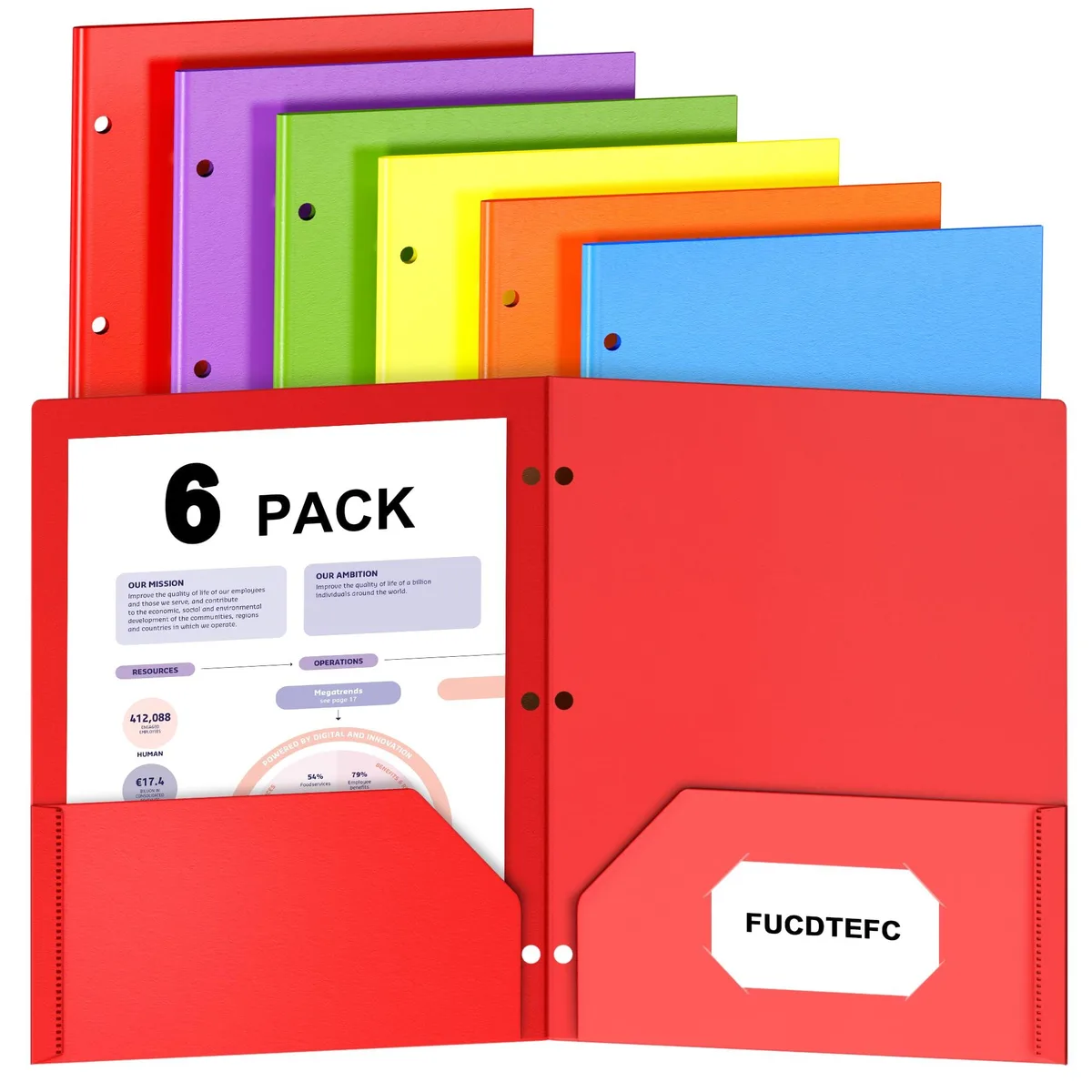 Six colourful plastic binder folders with pockets and three-hole punching, 11.4 by 9.4 inches