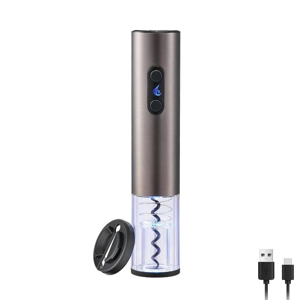 Black cordless electric wine opener with stainless steel body, transparent window, LED light and foil cutter