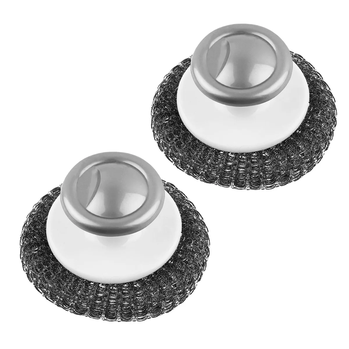 Two stainless steel wool scrubbers with grey and blue handles
