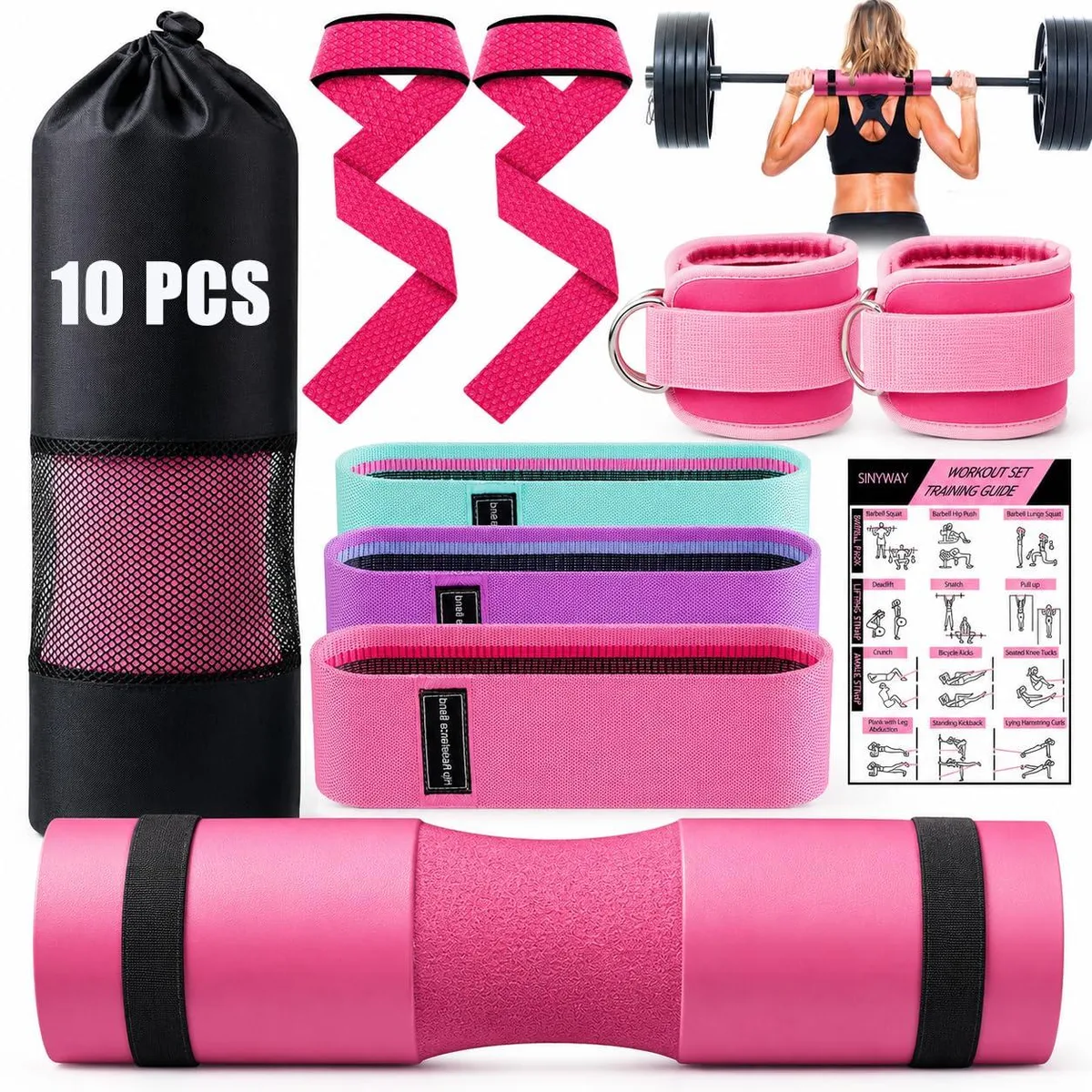 Pink barbell pad set with ankle straps, resistance bands, lifting straps, carry bag