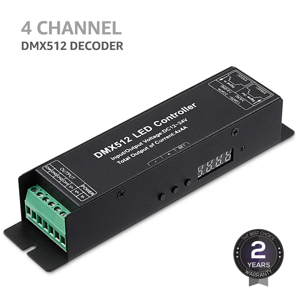 Rectangular metal decoder box with display and three buttons, straight blade plug attached