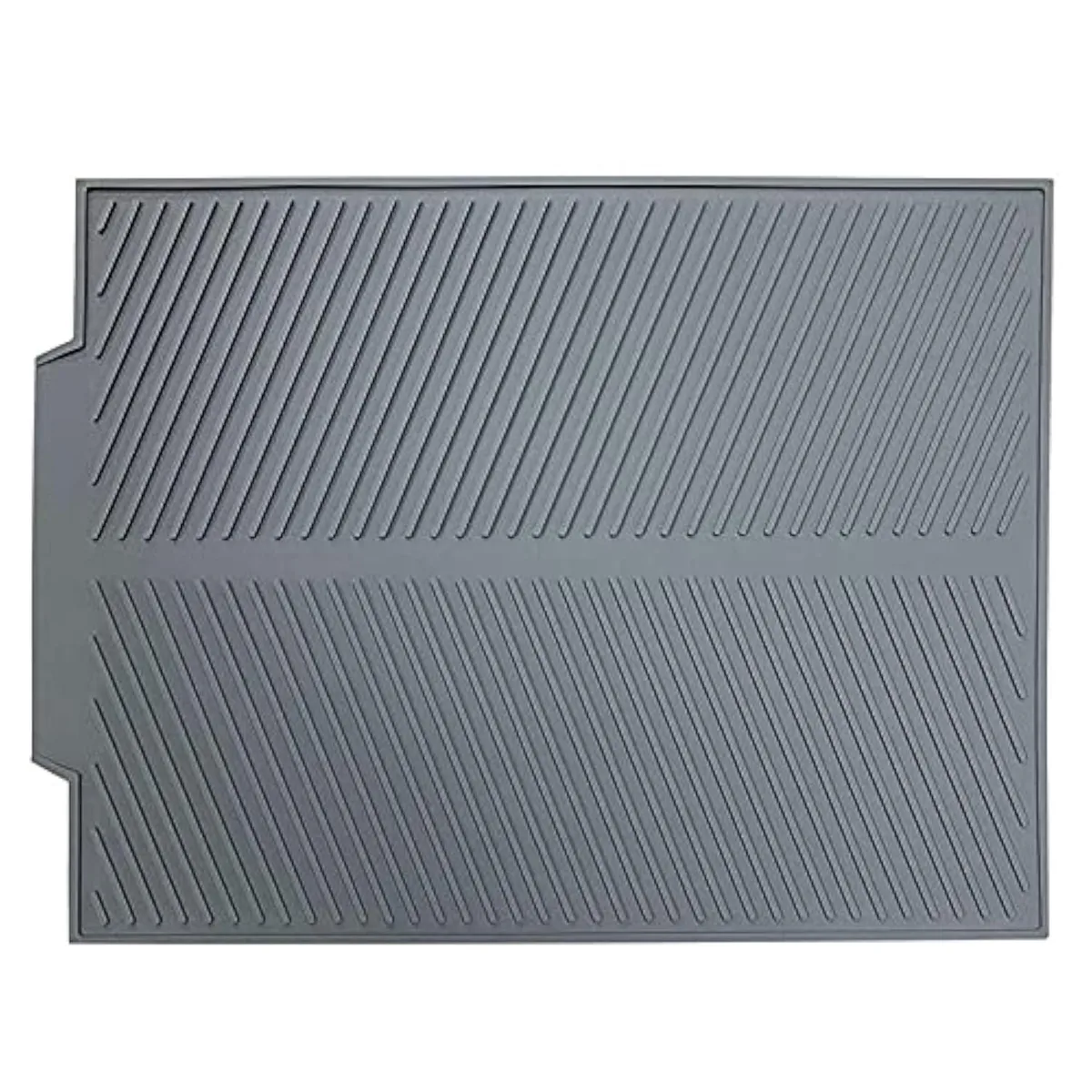Grey silicone drying mat with diagonal ridges and drain lip, 17 by 13 inches