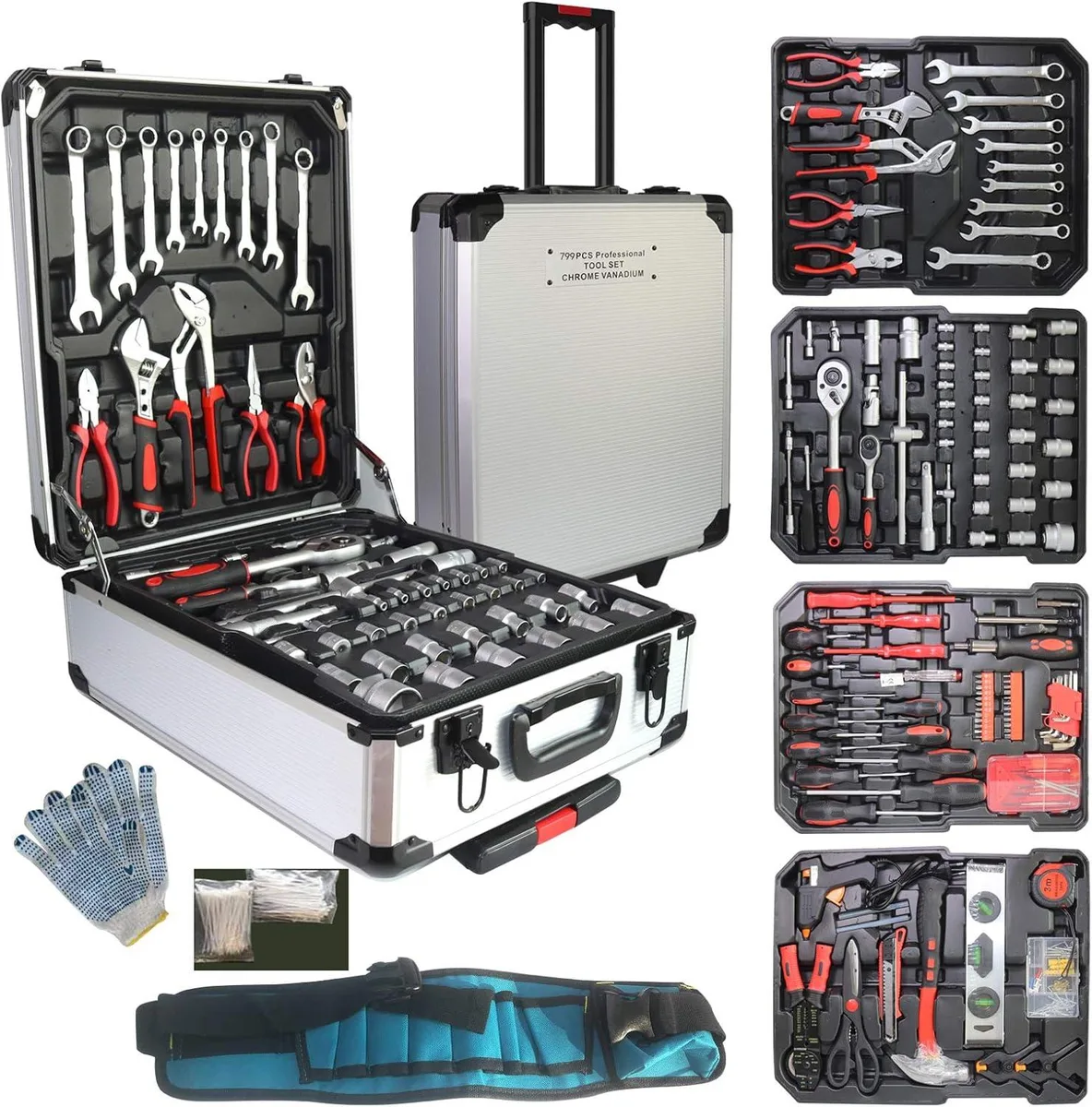 Silver aluminum trolley case holding 799-piece tool set with fabric belt
