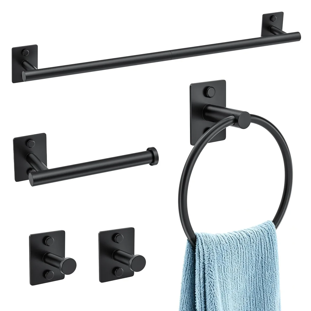 Matte black 5-piece bathroom set with 23.6 inch towel bar, ring, paper holder, two hooks