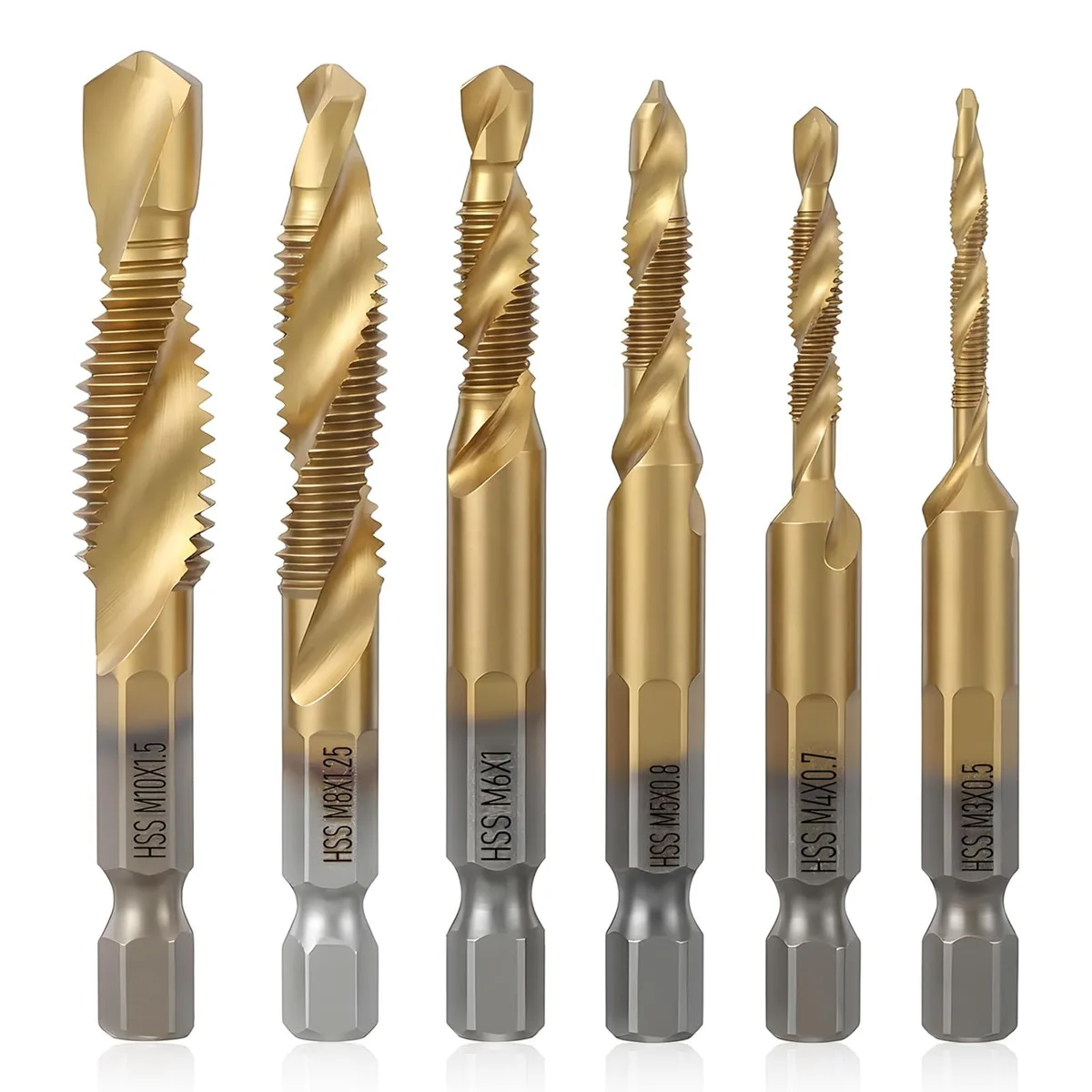 Six gold titanium-coated drill tap bits in a compact pouch