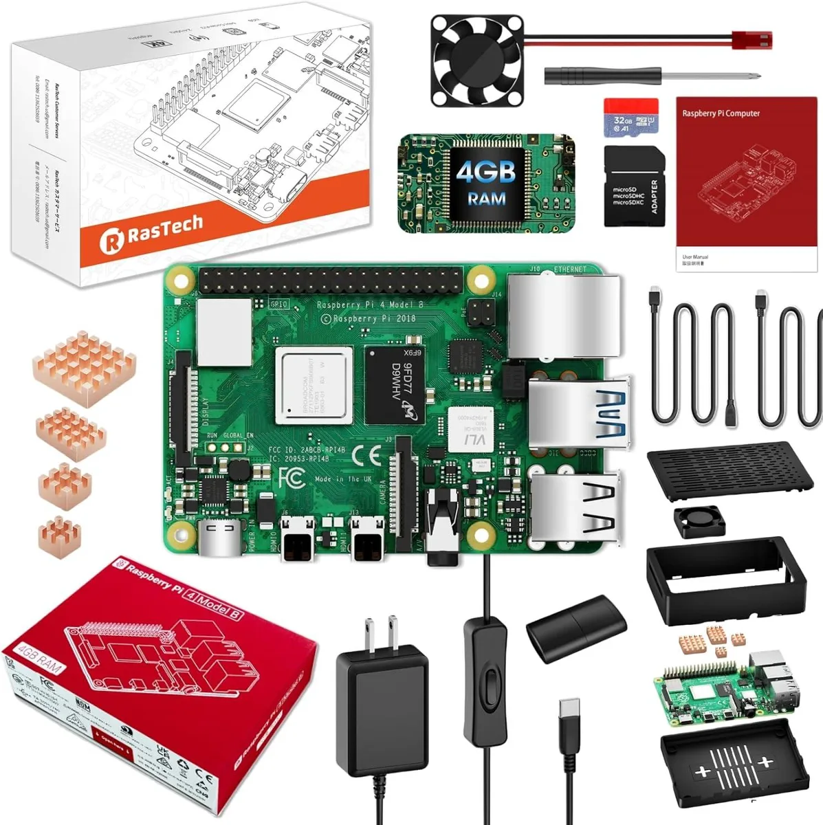 BFKK BFKK Raspberry Pi 4 4GB Starter Kit 32GB SD 4 Heatsinks 2 HDMI Fan Case Power Supply Card Reader Screwdriver — product photo