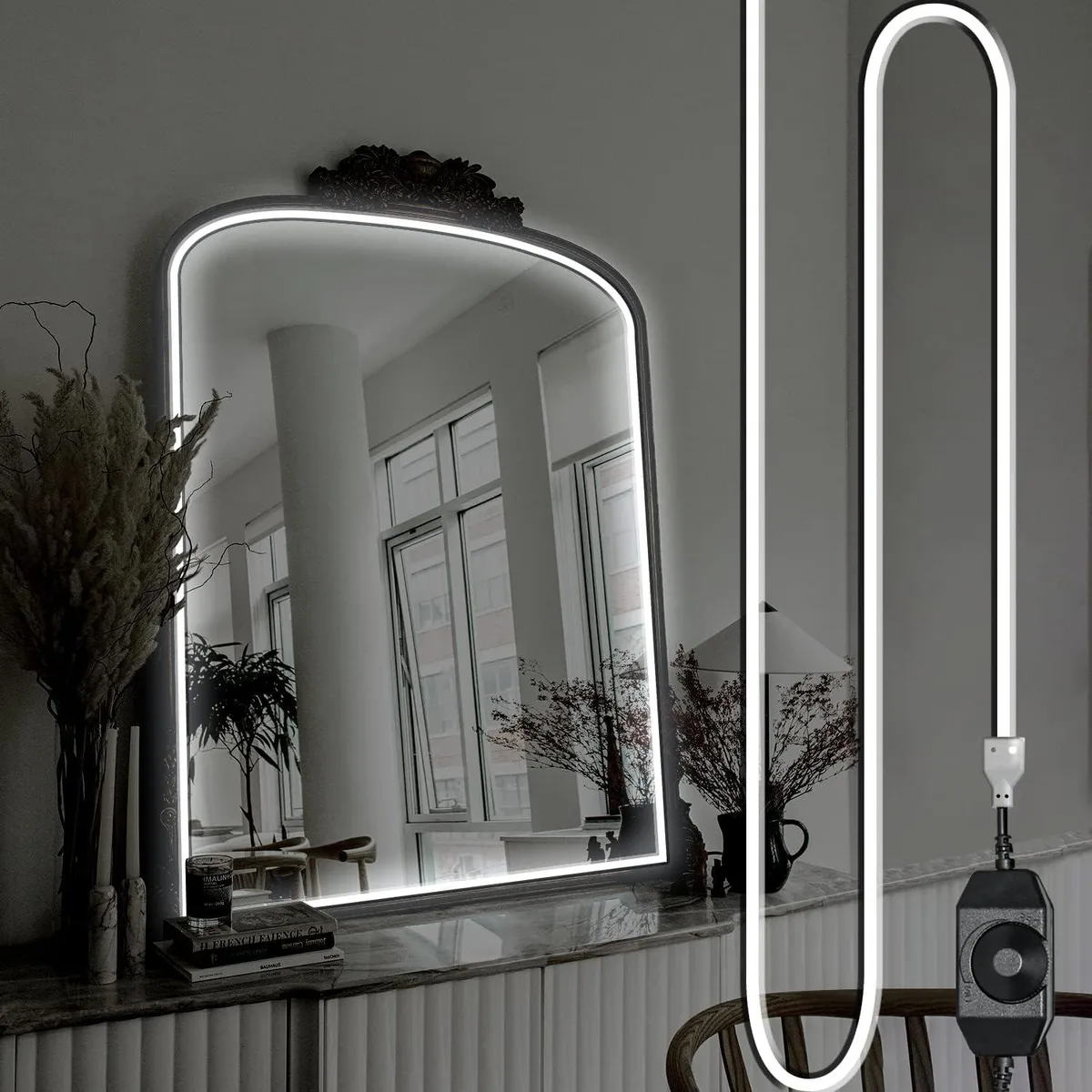 White 10ft flexible neon LED strip with 360 LEDs, polished metal and plastic finish, wall-mount vanity light