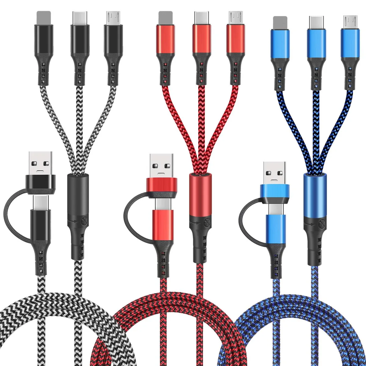 Corn Electronics Corn Electronics Multi Charging Cable 3-Pack 1.2m USB-A/C to Lightning USB-C Micro-USB Multicolor — product photo