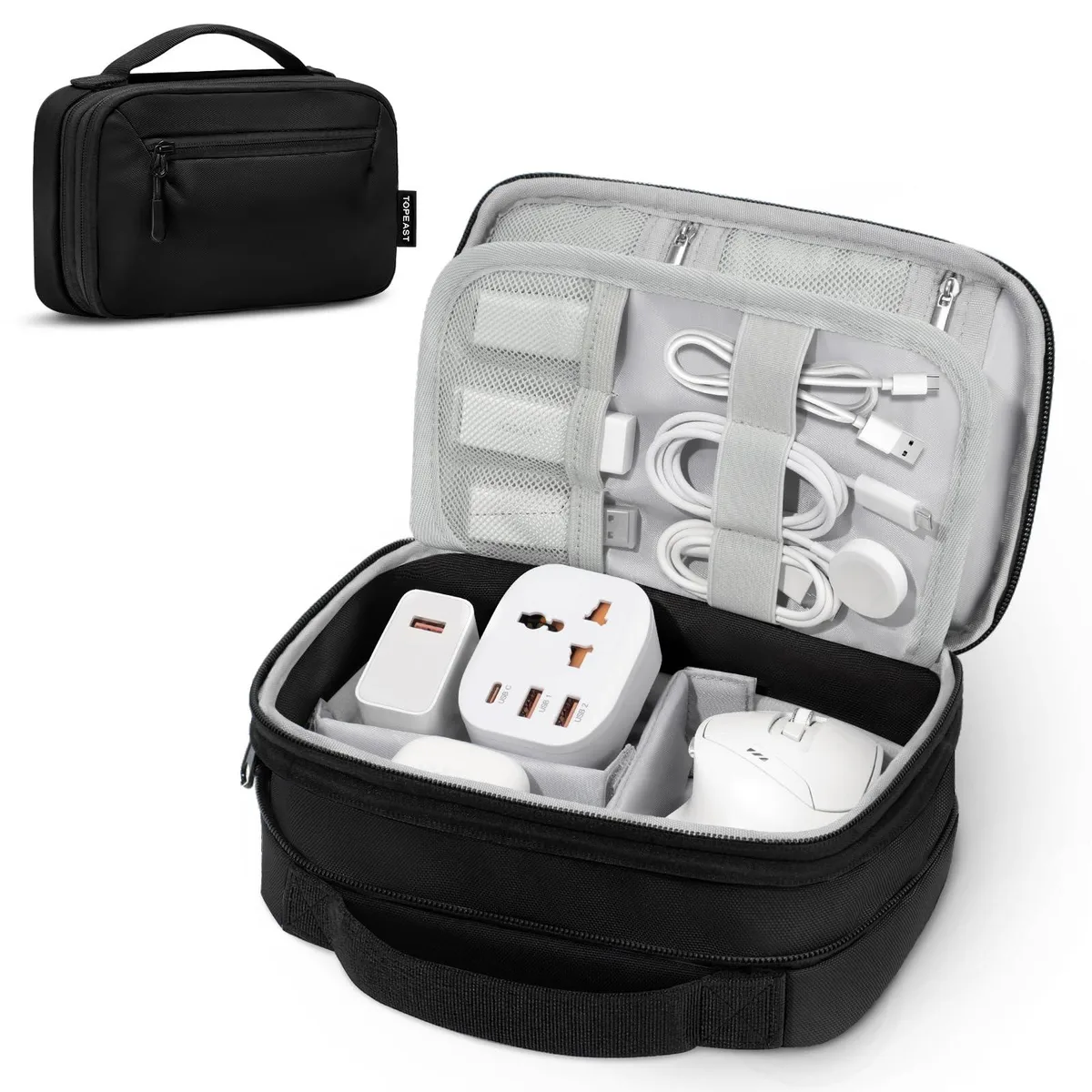 Grey expandable cable organiser case with zipper, 2.6 to 4.4 inches thick