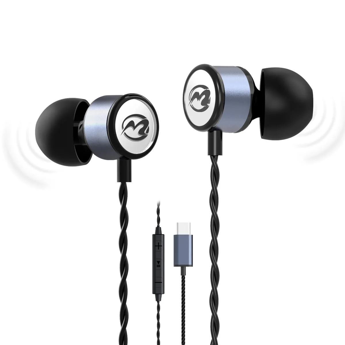 No Sew No Sew EP-09 USB-C wired earbuds, gunmetal body, black cable, portable audio — product photo