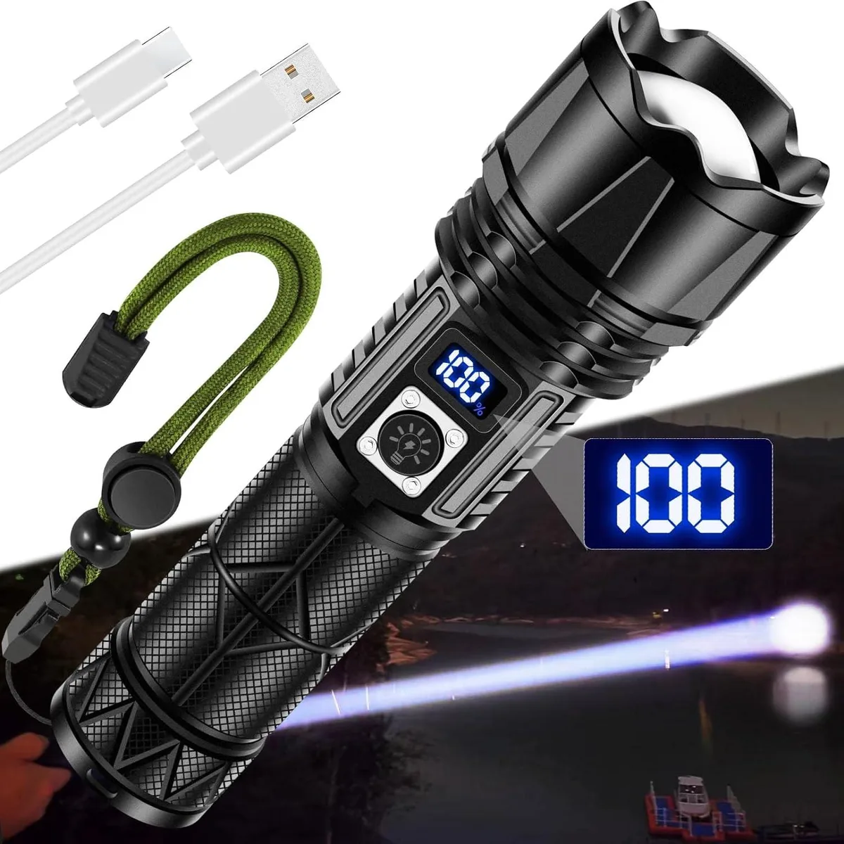 Black cylindrical flashlight with zoom head, digital power display and USB-C port
