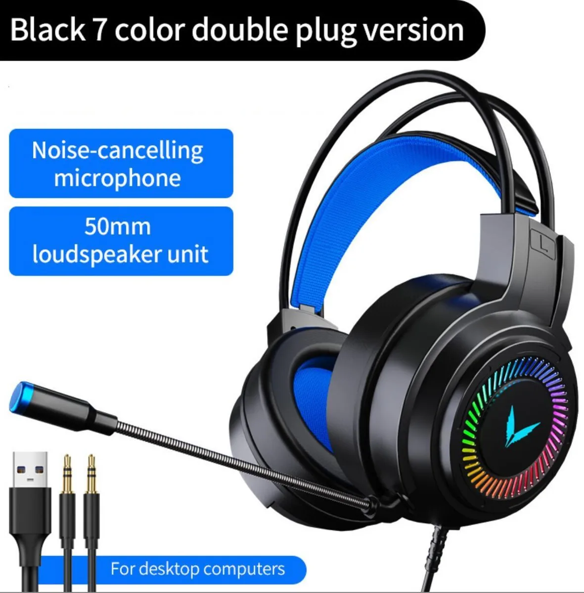Corn Electronics Corn Electronics Gaming Headset 50mm 7-Color LED 3.5mm USB 2.2m — product photo