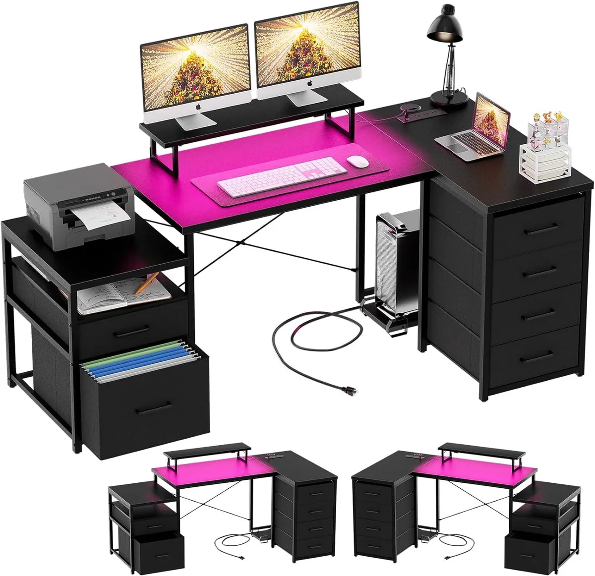 BFKK BFKK 70.8" Reversible L-Shaped Desk with Fabric Drawers, RGB LED, Power Outlets, Monitor Stand, Black — product photo
