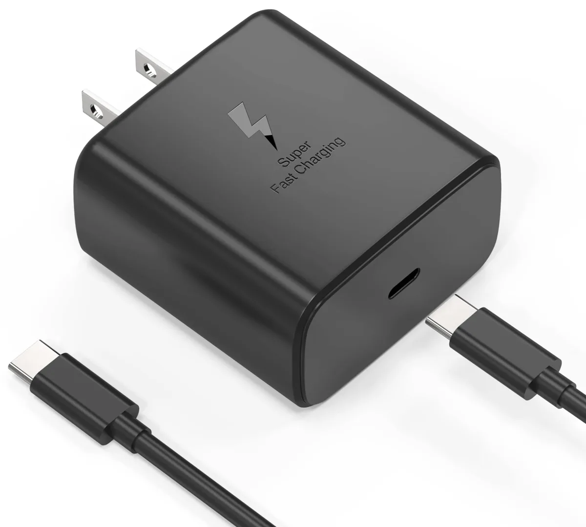 Black USB-C wall charger block with a six-foot USB-C to USB-C cable attached