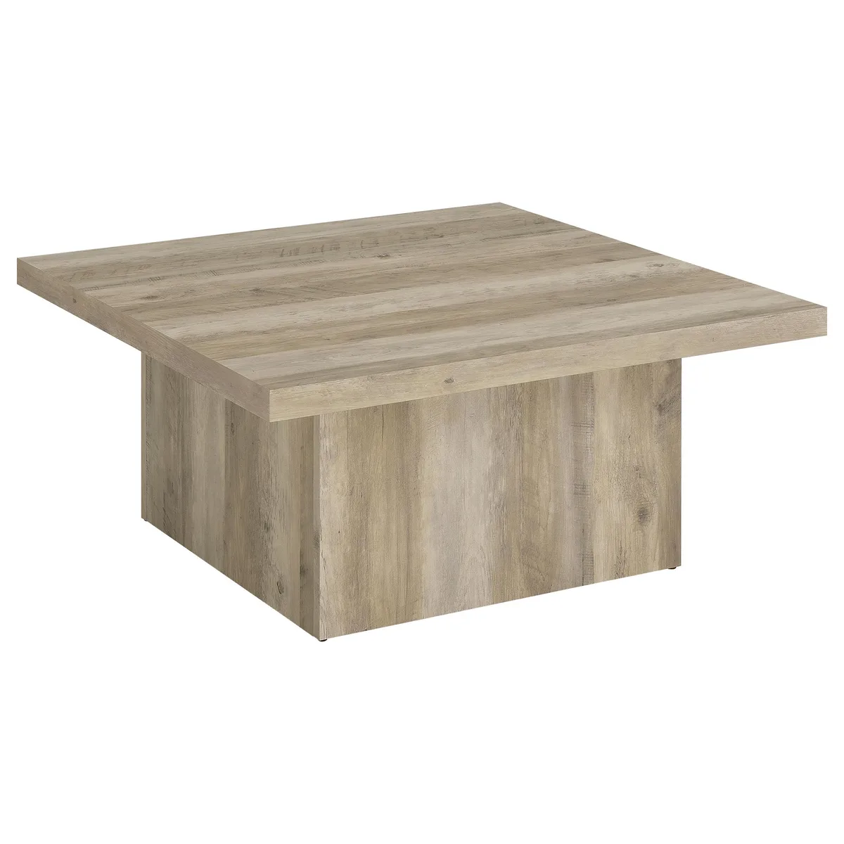 Square distressed pine coffee table on geometric pedestal base, 35.5 inch top, 16.25 inch height