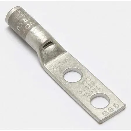 Copper two-hole compression lug, straight tongue, gray color code, inspection hole visible