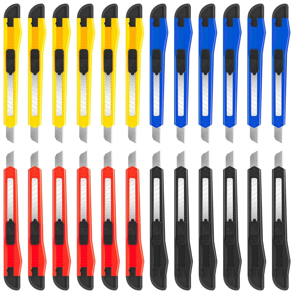 Twenty-four retractable box cutters in mixed colours, plastic bodies with 9mm snap-off blades