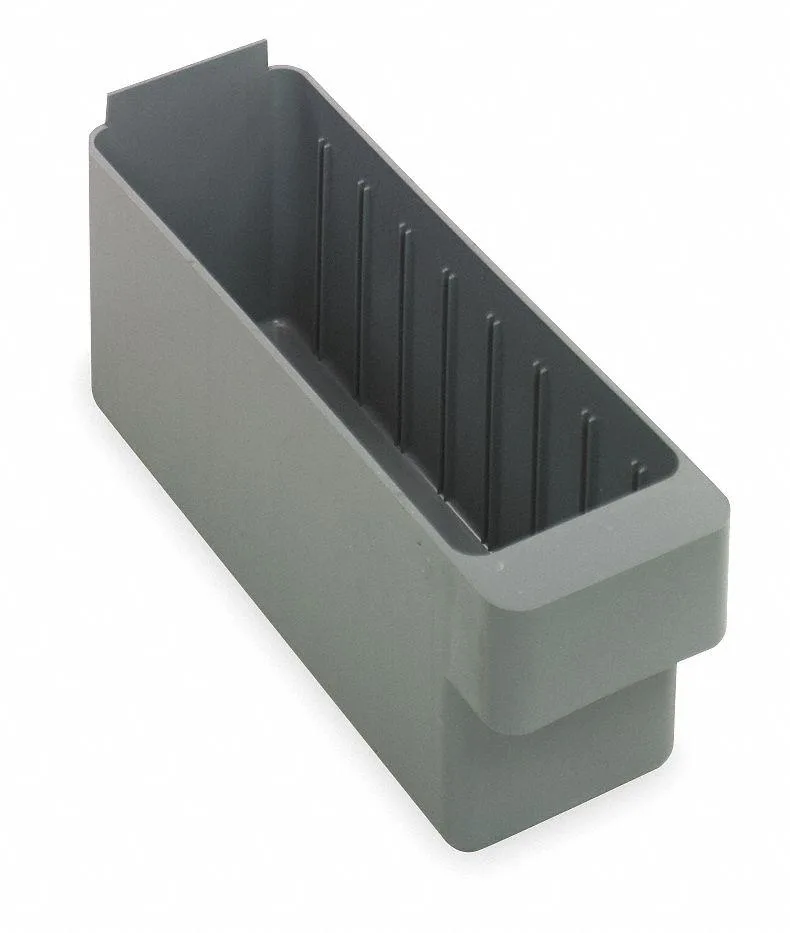 Gray high-impact polystyrene drawer bin with open front, compact rectangular shape