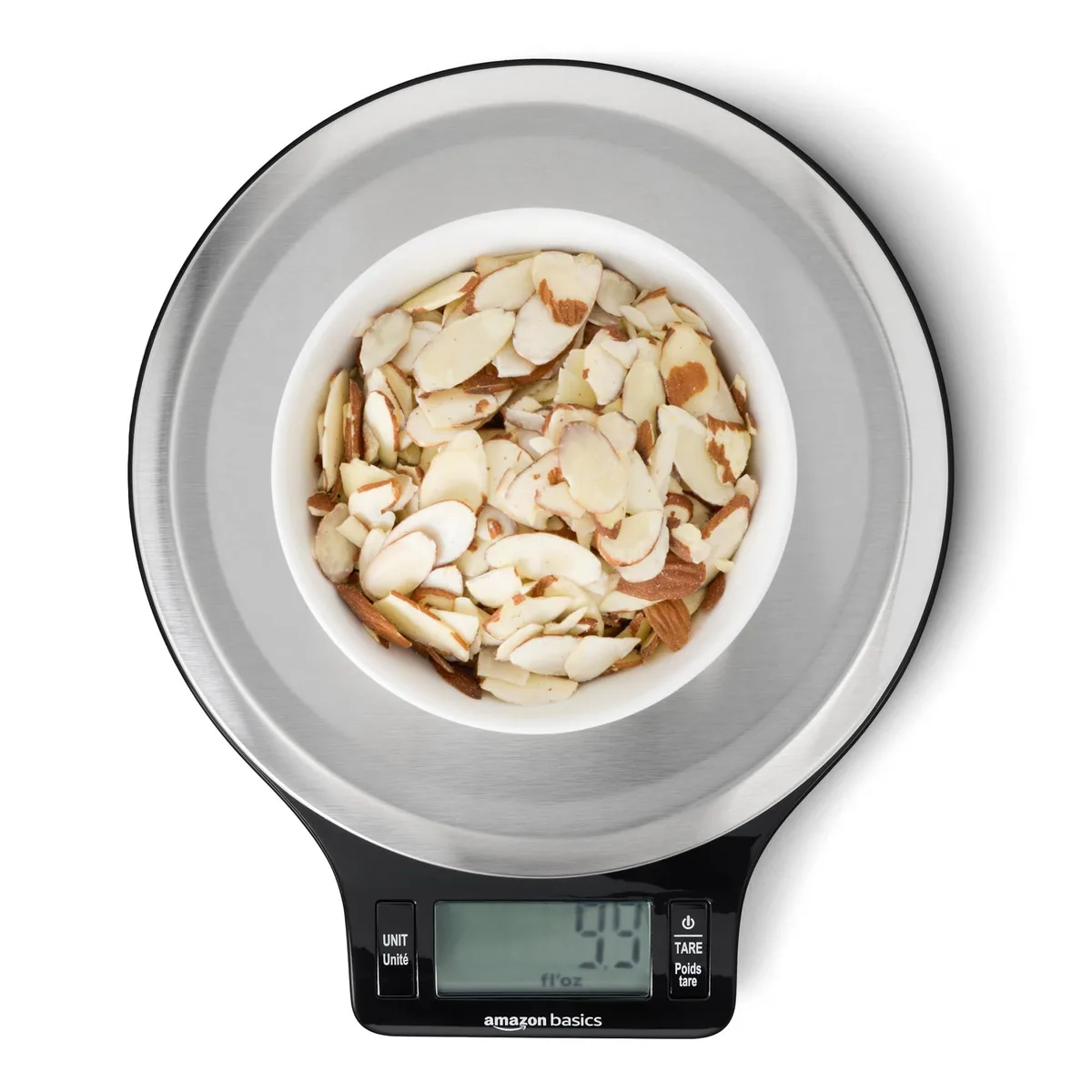 Rectangular black digital scale with stainless steel platform and LCD display, 8.3 by 7 by 1.3 inches