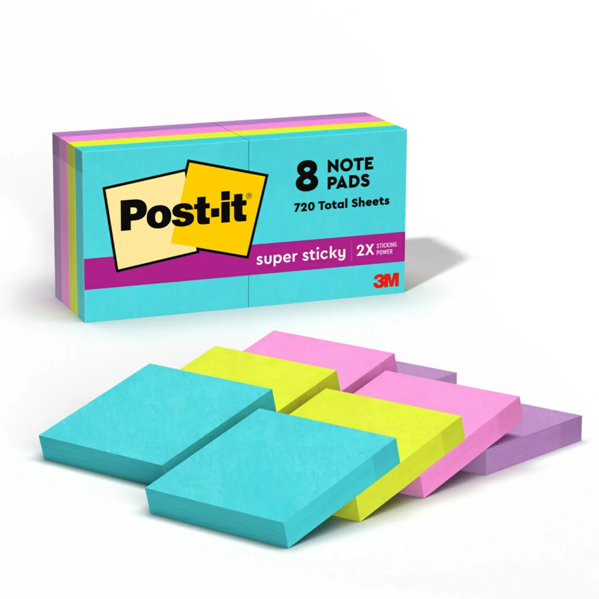 Eight square neon sticky note pads in recyclable paperboard carton