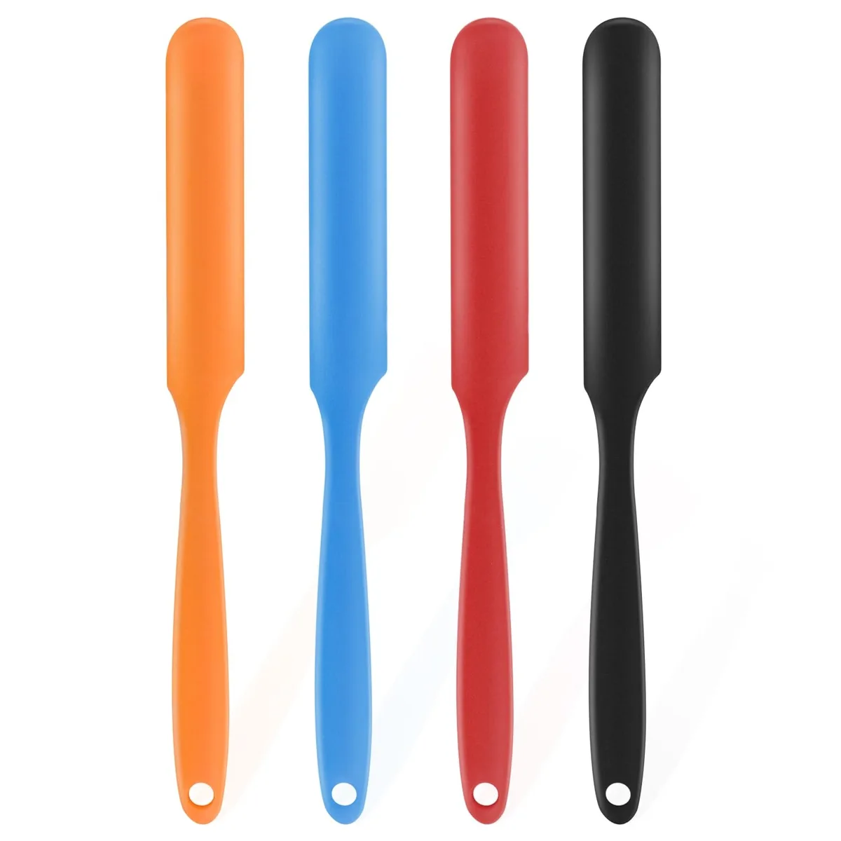 Four narrow rectangular silicone spatulas, 9.44 inches long with long handles and hanging holes