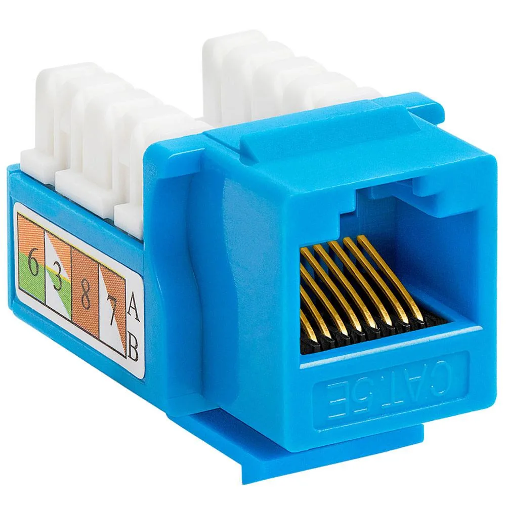 Blue rectangular keystone jack with punch-down terminals and plastic strain relief cap