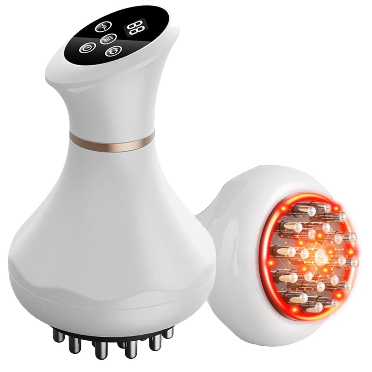 White handheld massager, 9 by 9 by 15 cm, 190 grams, smooth plastic finish