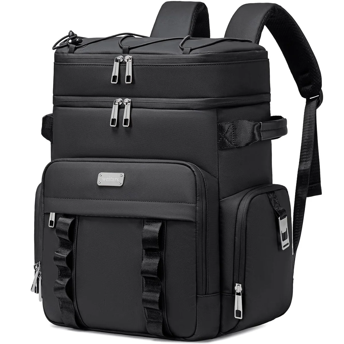Black insulated cooler backpack with double compartments and adjustable straps