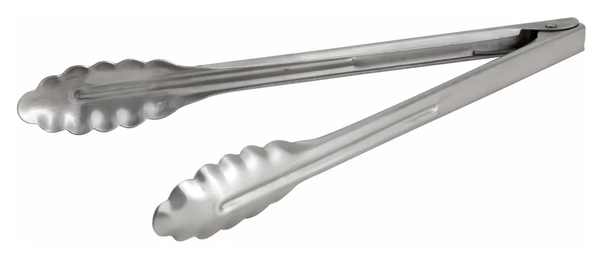 Stainless steel 12-inch utility tongs with coiled spring and scalloped edges