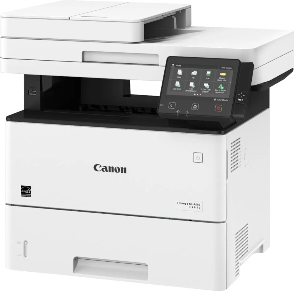 White boxy office printer with flatbed lid and 5 inch touchscreen