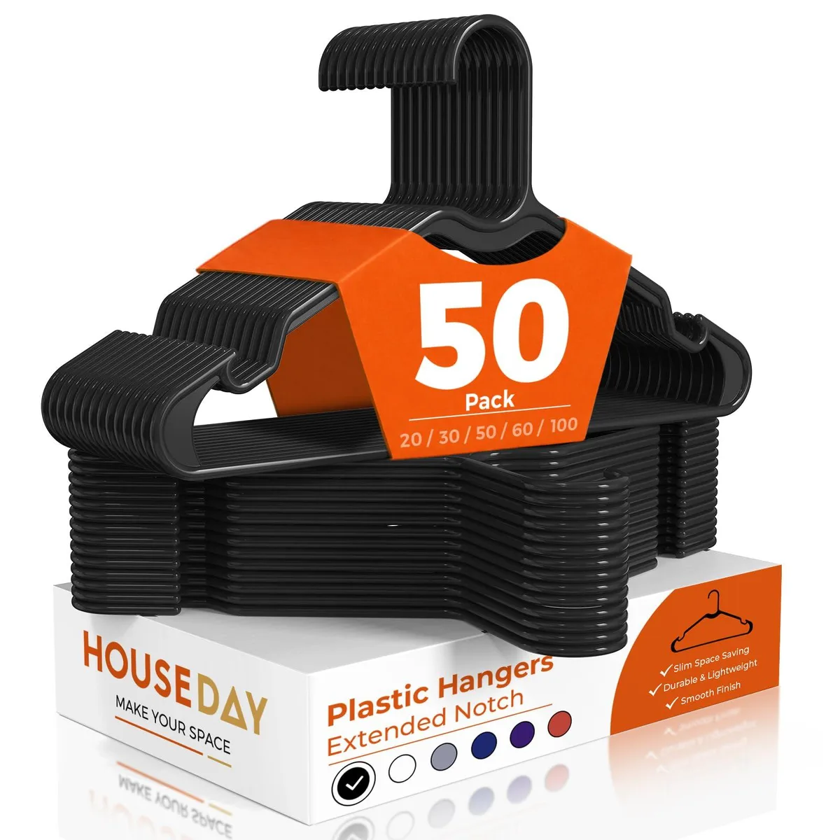 Fifty black slim plastic hangers, 0.25 inch thick, 16.25 inches wide