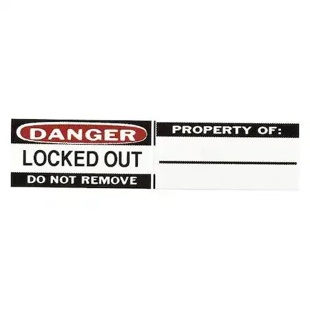 Six Brady 50289 Danger padlock labels on a roll, red and black vinyl with white header text, adhesive backing