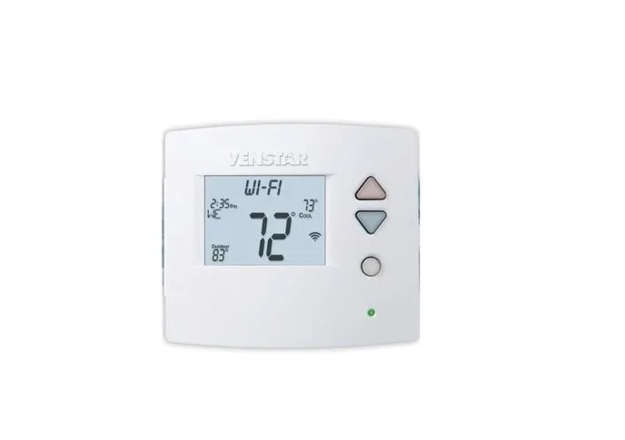 White rectangular digital thermostat with large backlit scrolling display and touch buttons