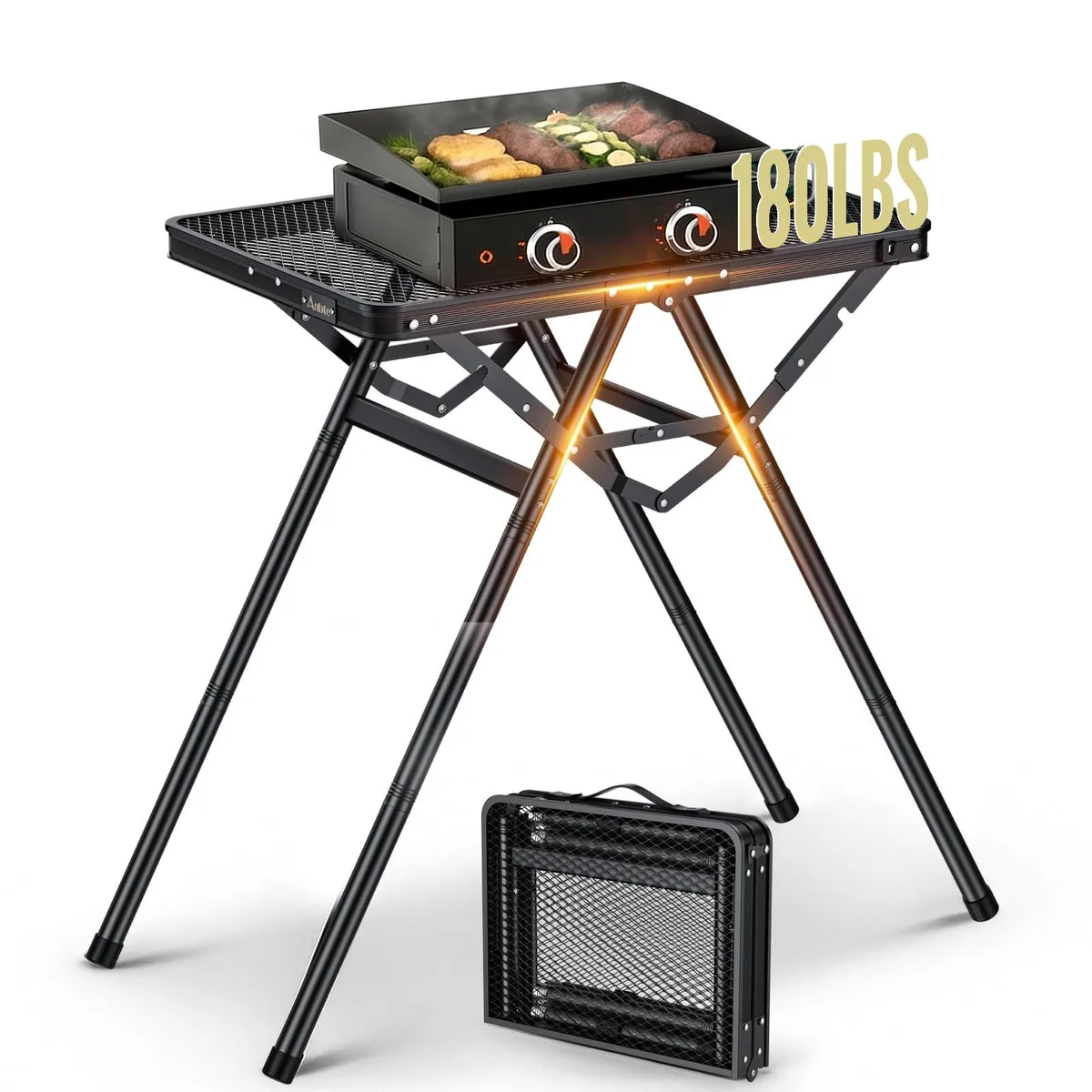 Black folding grill table with X-frame legs and mesh top, folded briefcase size with carry handles