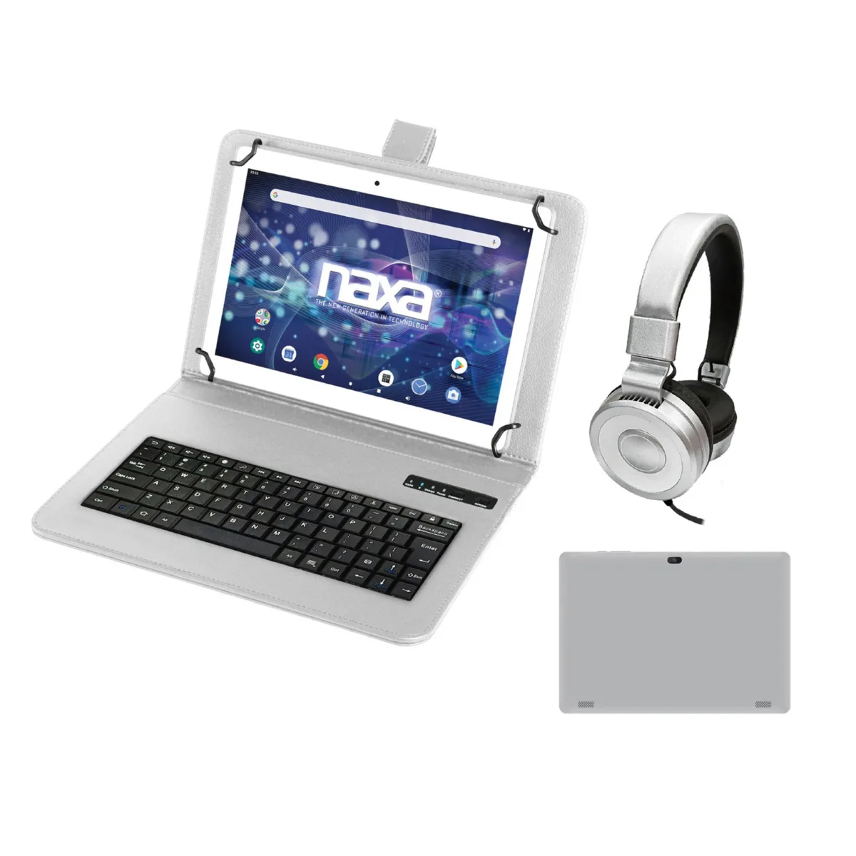 Naxa Naxa NID-1055-SILVER 10.1" Android 10.0 Go tablet with BT keyboard, case &amp; headphones — product photo