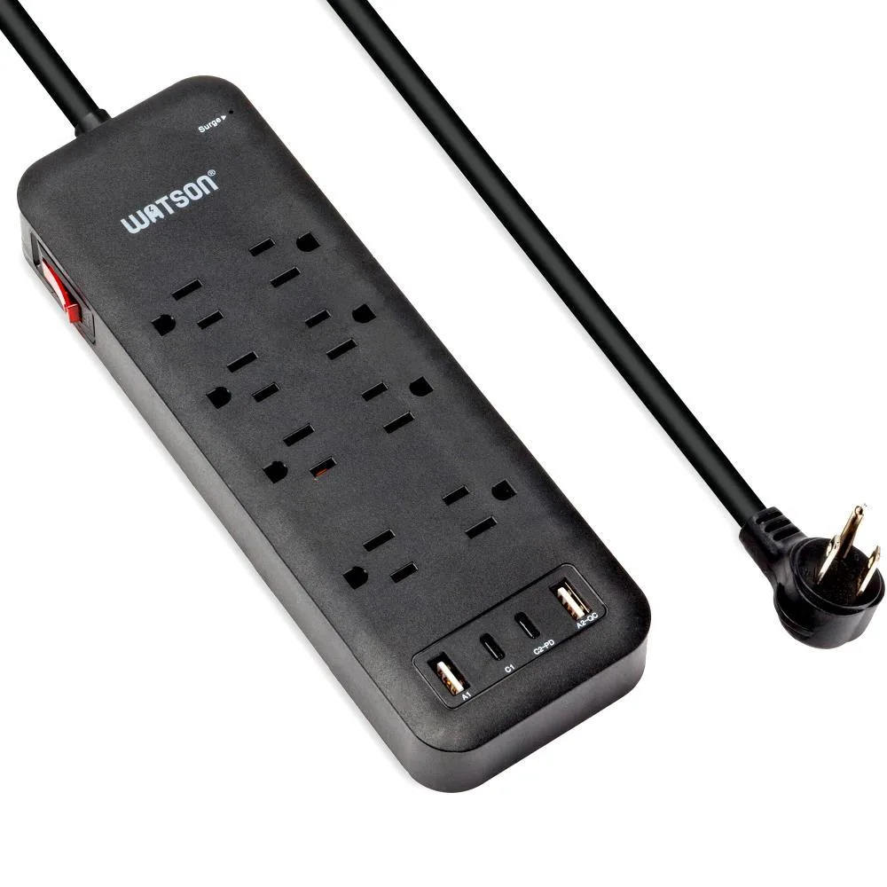 Watson Watson 8-Outlet Surge Protector 2450 Joules 4 USB Ports 6' Cord Right-Angle Plug Black — product photo