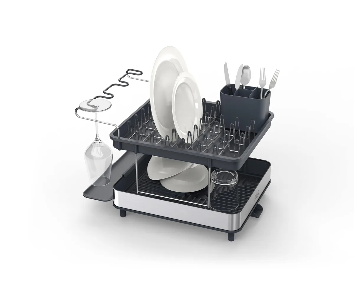 Two-tier stainless-steel dish rack in gray with wine glass holder and cutlery drainer