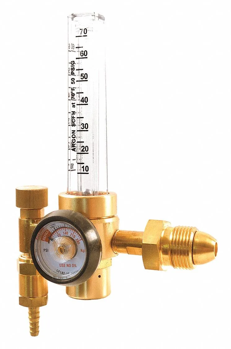 Brass argon flowmeter regulator with cylinder inlet and outlet gauge