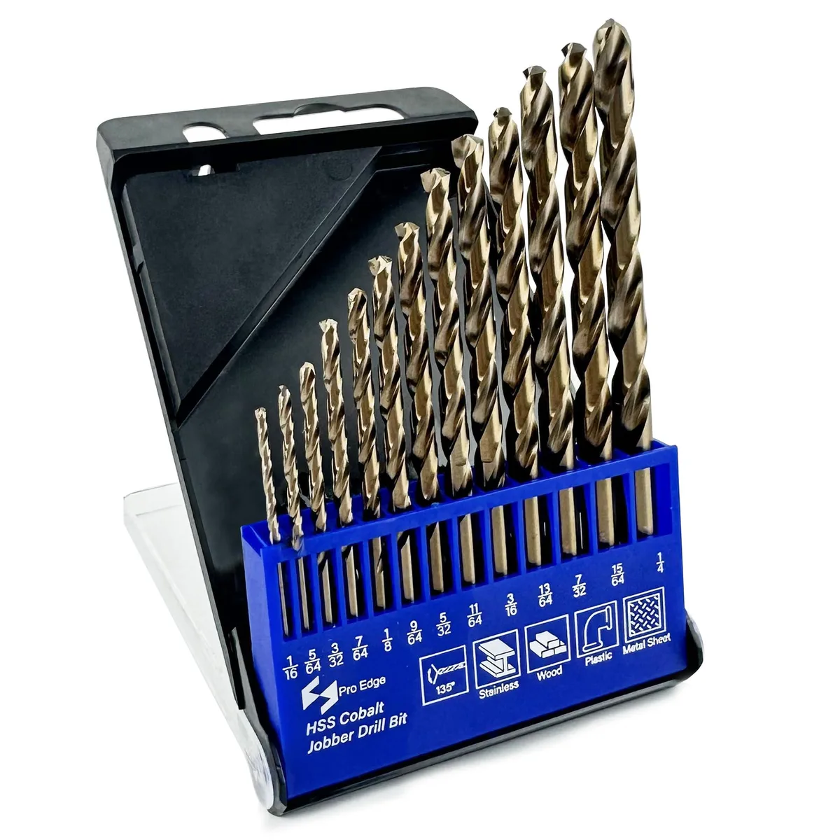 Thirteen bronze cobalt jobber drill bits in a storage case