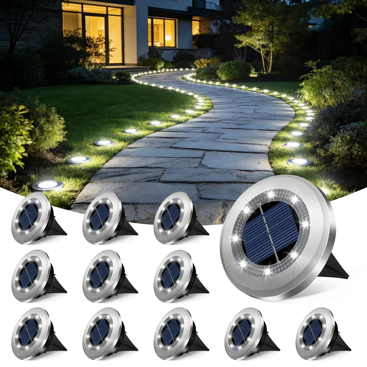Twelve small stainless-steel and white plastic solar discs, each 2.8 inches wide, lying flat on dark soil