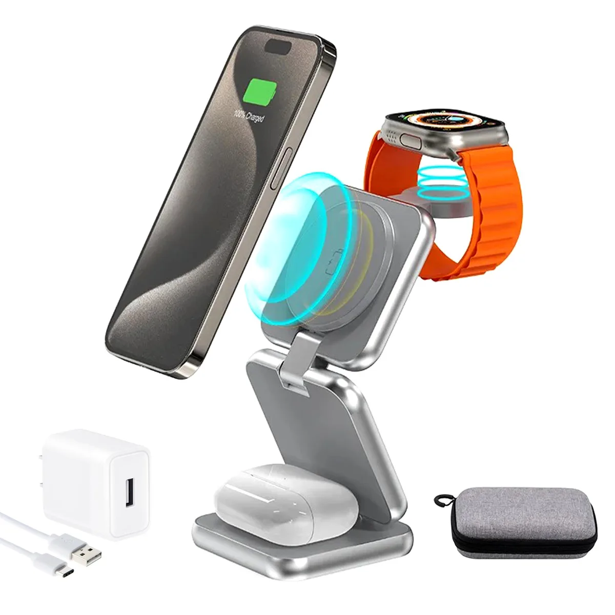 MALOM MALOM S21 3-in-1 Magnetic Foldable Wireless Charger Silver — product photo