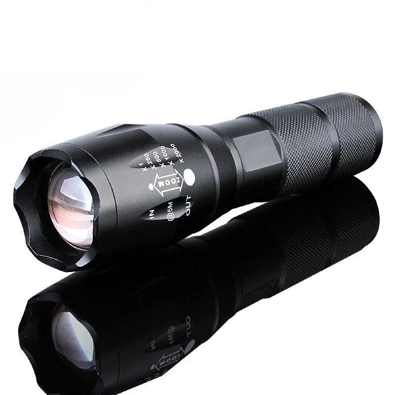Black aluminium flashlight with zoom head and wrist strap